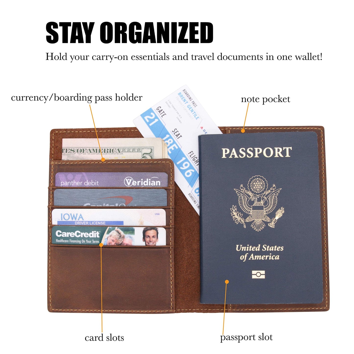 WANDERINGS Leather Travel Wallet with Passport Holder - 11x14 cm - Genuine Leather Case with RFID Blocking for Men and Women - Folding Wallet for Passports