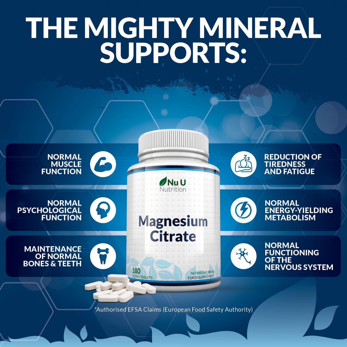 Magnesium Citrate 700mg - 180 Vegan Tablets - 6 Month Supply - 200mg of Elemental Magnesium Tablets - Made in The UK - Nu U Nutrition
