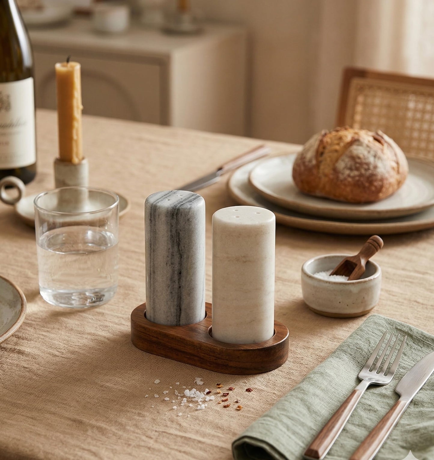 Spiretro Elegant Marble Salt and Pepper Shaker Set with Acacia Wood Holder - Real Grey and White Marble Cylindrical Shakers for Kitchen Shelf, Table or Spice Rack - 1.75” x 3.75” Each