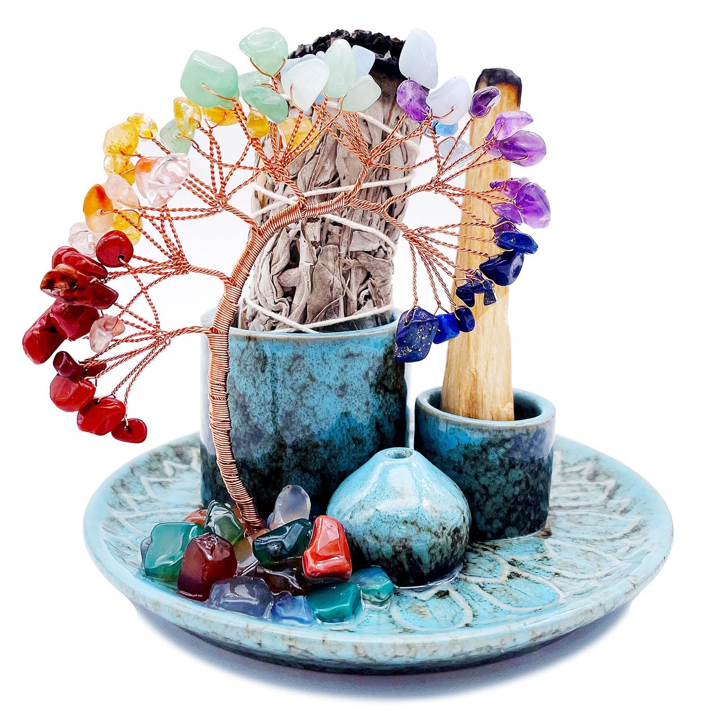 5 in 1 Incense Burner Holder with Crystal Healing Tree, Palo Santo Holder, Sage Holder, Incense Holder for Sticks/Cones/Candles, Ceramic Tray Ash Catcher for Burning Incense, Meditation Gift