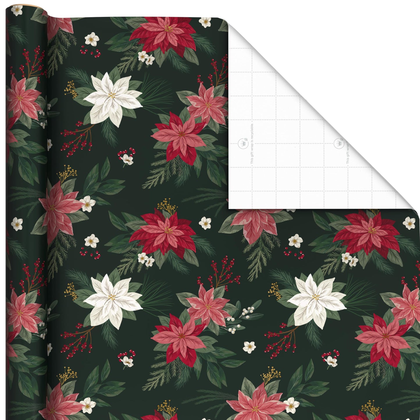 Hallmark Elegant Christmas Wrapping Paper Rolls (3 Rolls: 120 Sq. Ft. Total) Red Joy on White, Santa Claus and Happy Holidays on Red, Painted Poinsettia on Hunter Green