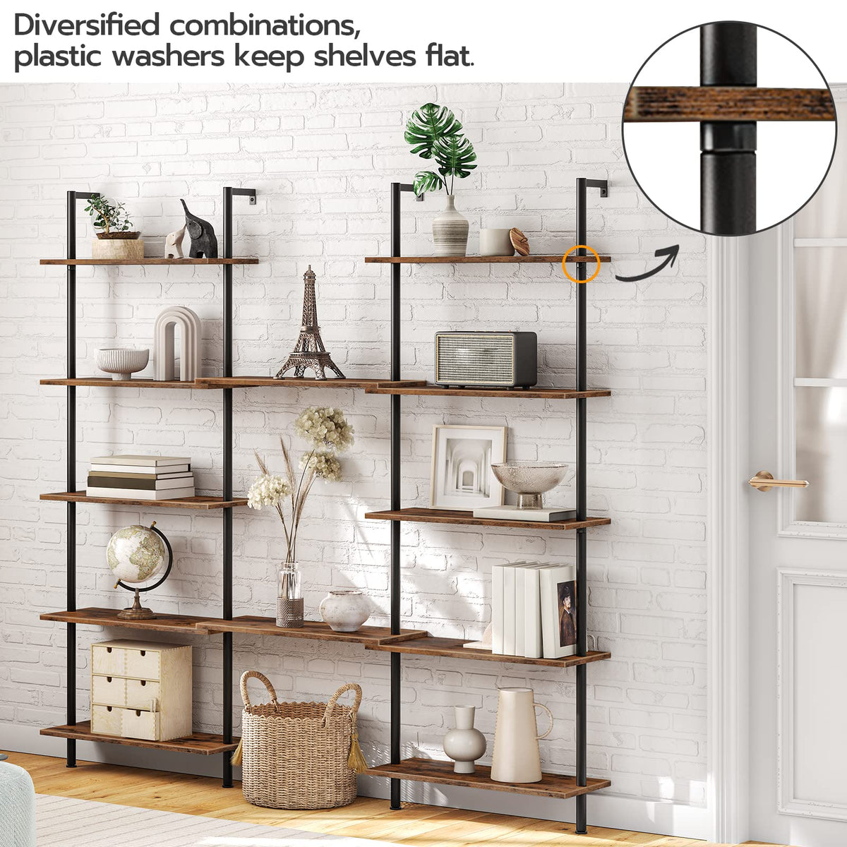 HOOBRO DIY Ladder Shelf, 6-Tier Wall Mounted Bookshelf, Office Vertical Bookcase, Wooden Storage Shelves for Home Office, Bedroom, Rustic Brown and Black BF65CJ01