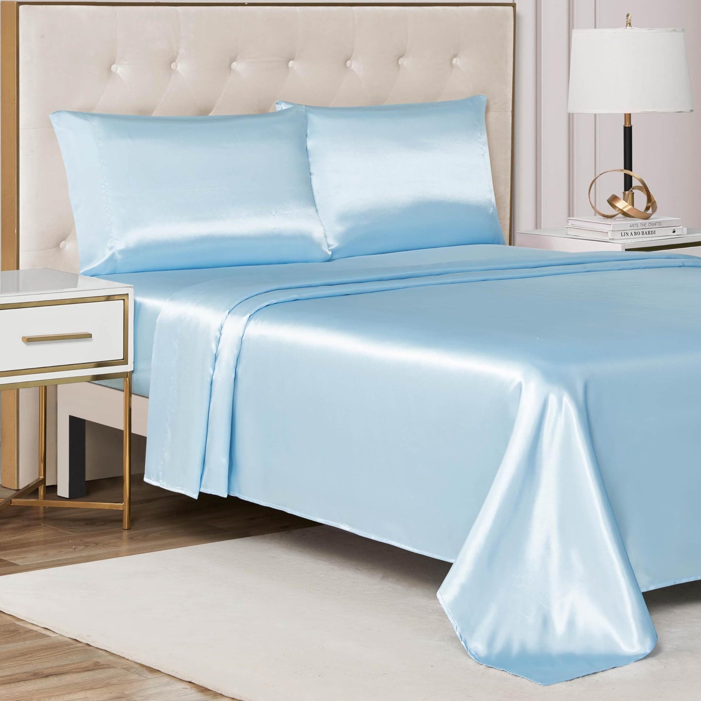 Juicy Couture Full Size Silky Satin Bed Sheet Set, Deep Pocket Satin Full Sheet Set with 1 Fitted Sheet, 1 Flat Sheet and 2 Pillowcases, Wrinkle Resistant & Anti Pilling Bed Sheets - Light Blue