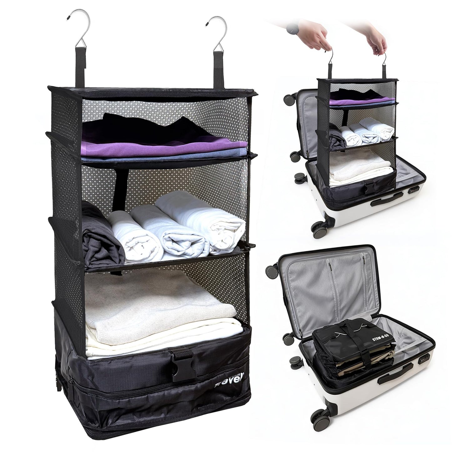 Grand Fusion Stow-N-Go Packing Organizer for Luggage, Portable Hanging Travel Shelves, Carry-On Closet, Hanging Packing Cubes, Collapsible Carry-On Organizer for Cruises & Hotels. Black - L