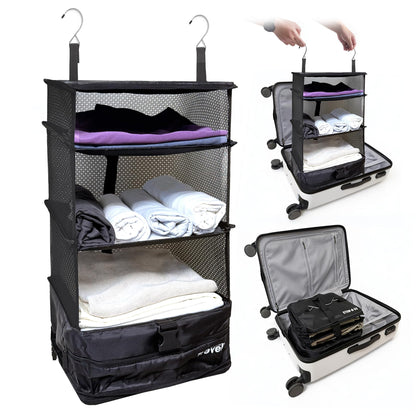 Grand Fusion Stow-N-Go Packing Organizer for Luggage, Portable Hanging Travel Shelves, Carry-On Closet, Hanging Packing Cubes, Collapsible Carry-On Organizer for Cruises & Hotels. Black - L