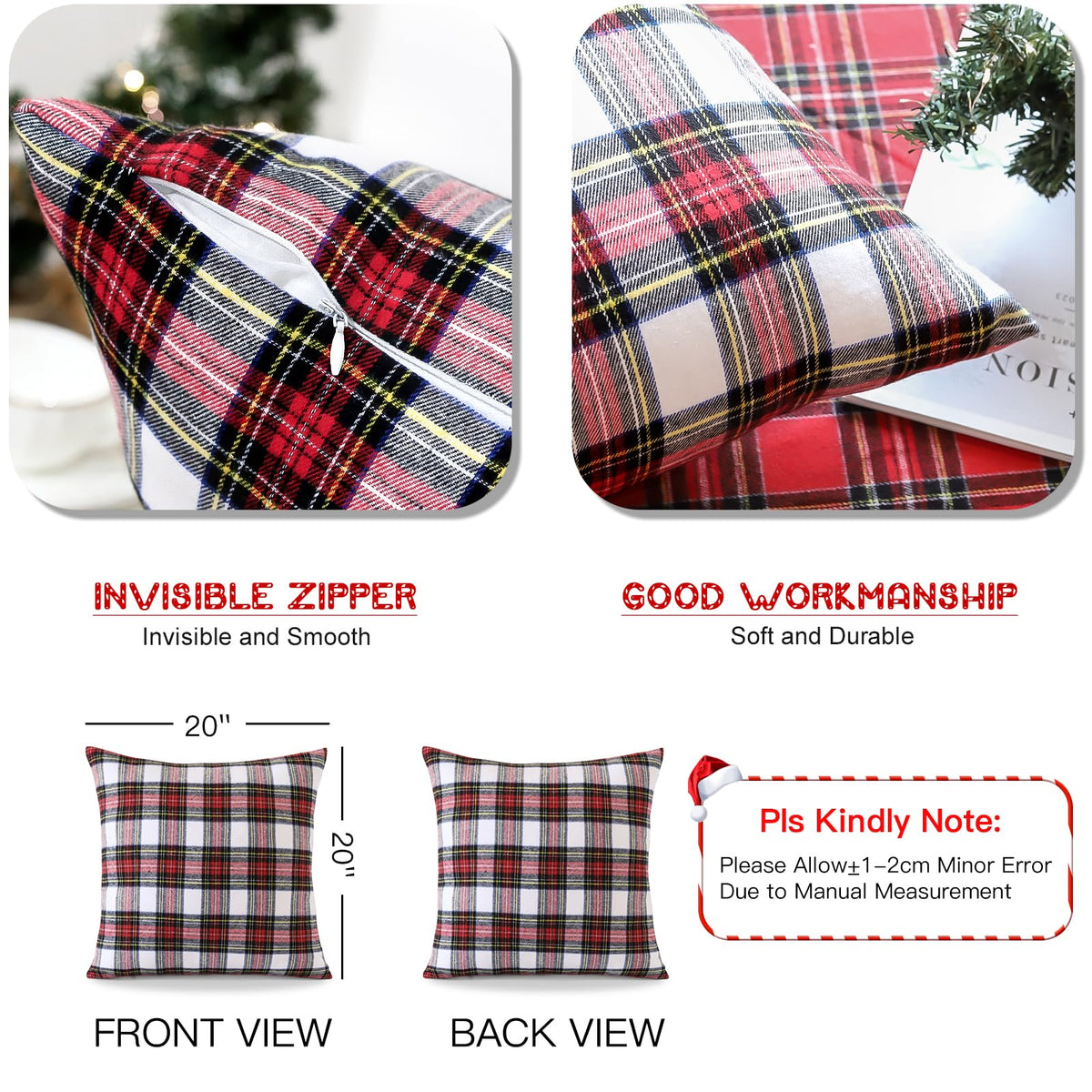 OTOSTAR Christmas Scottish Tartan Plaid Throw Pillow Covers Farmhouse Classic Decorative Square Cushion Cases Soft Pillowcases for Decor Sofa Couch 20x20 Inch Set of 2 (Red White)
