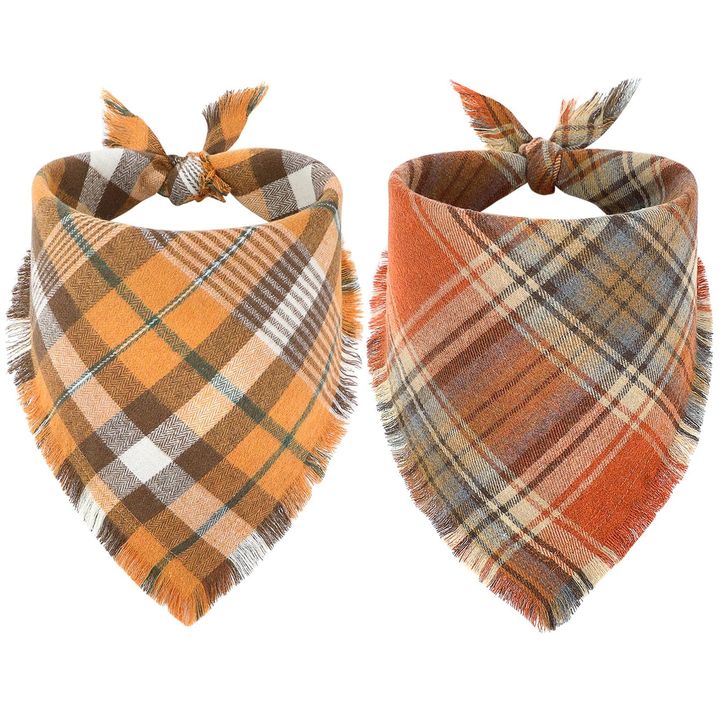 Vivifying Fall Dog Bandana, 2 Pack Halloween Thanksgiving Classic Plaid Dog Scarf with Tassels Edges, Funny Pet Apparel & Accessories Costume for Photo Prop, and Party Decor (Large, Yellow&Orange)