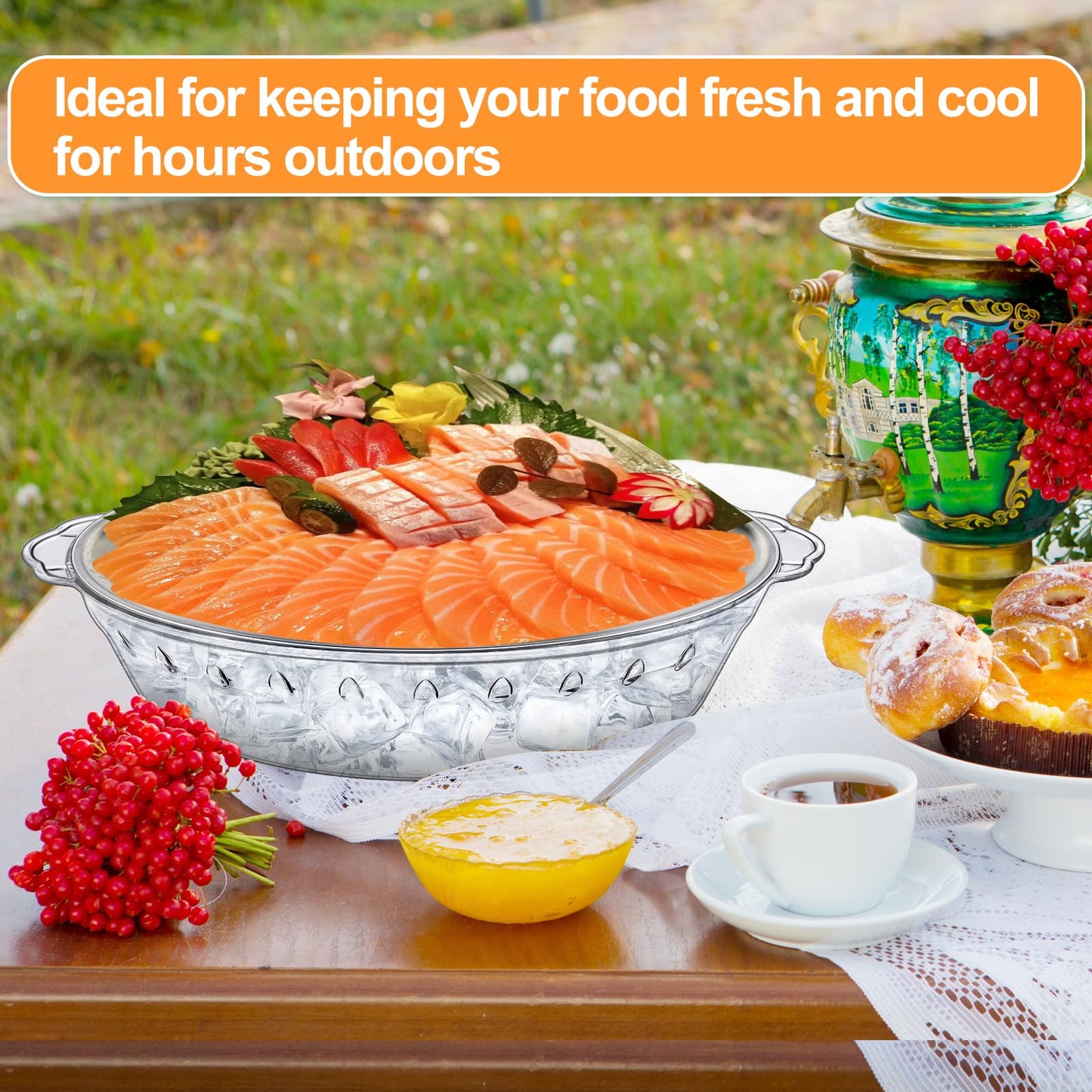 3-Pack 11.8" Chilled Serving Tray for Parties with Ice Underneath & 10 Forks – Cold Platter for Fruit, Veggies, Seafood, Shrimp Cocktail, Appetizers – Buffet, Picnic, Outdoor Party Keep food Cold Dish