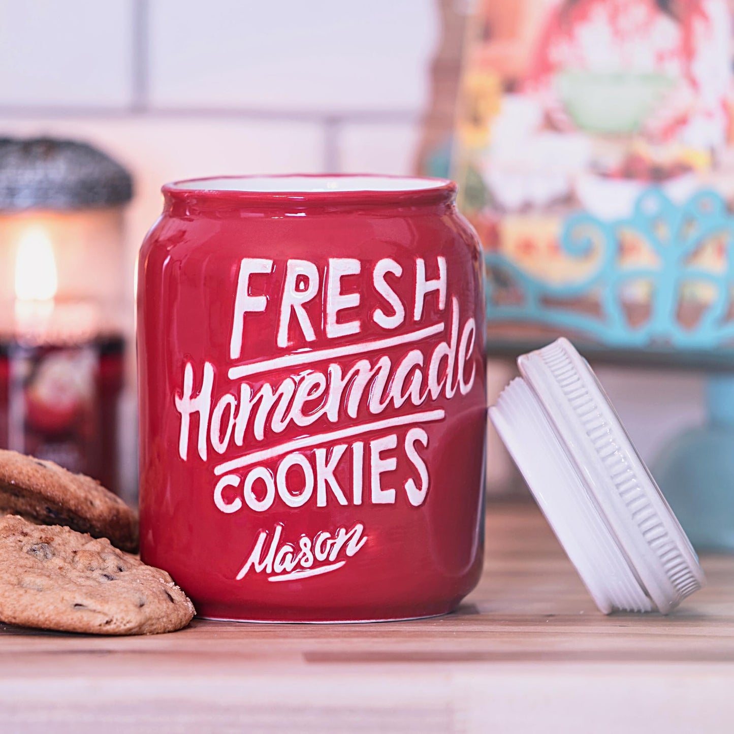 Farmhouse Canisters Sets for the Kitchen - Mason Jar Ceramic Kitchen Utensil Holder, Spoon Rest, Cute Cookie Jar, Salt & Pepper Shaker Sets, Sponge Holder, Measuring Cups & Spoons (Red, 17-Pc Bundle)
