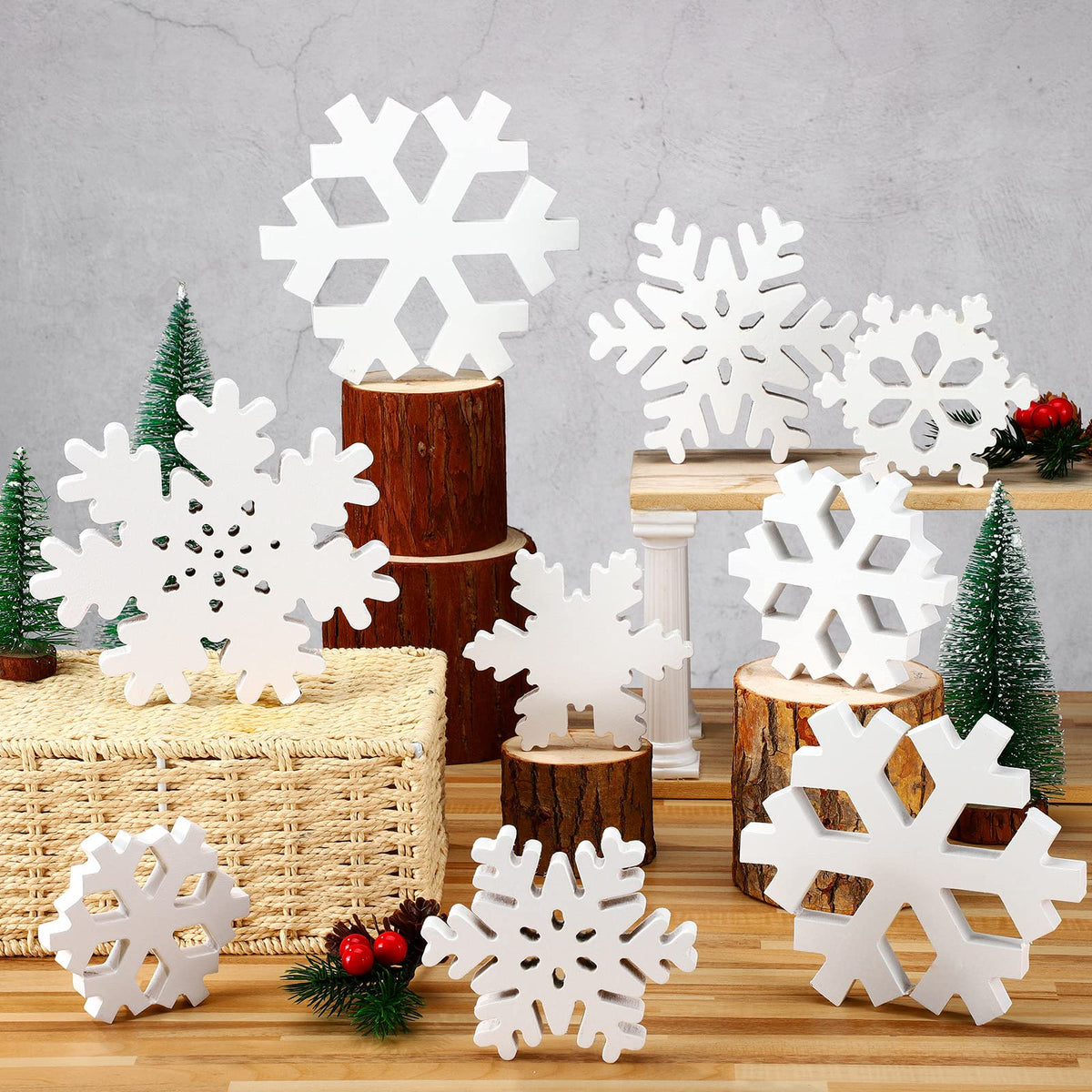 Kajaia 9 Pcs Winter Wooden Snowflake Table Decorations White 3D Snowflake Tabletop Centerpieces Winter Standing Sign Xmas Tiered Tray Decor for Home Fireplace Mantel Party Supplies