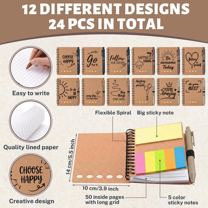 48 Pcs Employee Appreciation Gifts Bulk, 24 Sets Motivational Notebooks with Pens & Sticky Notes, Modern Kraft Inspirational Journals for Coworkers, Staff, Men & Women, Team Building (5.5 x 4.7 Inch)