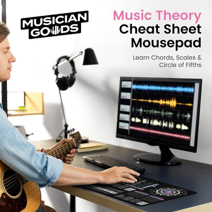 Music Theory Cheat Sheet Mousepad – 35×25cm (13.8"x9.8") & 80×30cm (31.5"x11.8") – Chord Formulas, Circle of Fifths, Modes & Clefs – Music Learning Desk Mat – LED Version Available