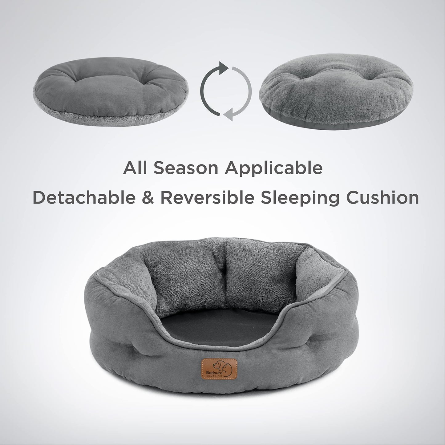 Bedsure Cat Bed for Indoor Cats - 51x48x15cm Round Washable Kitten Bed with Slip-Resistant Bottom and Reversible Cushion, Grey
