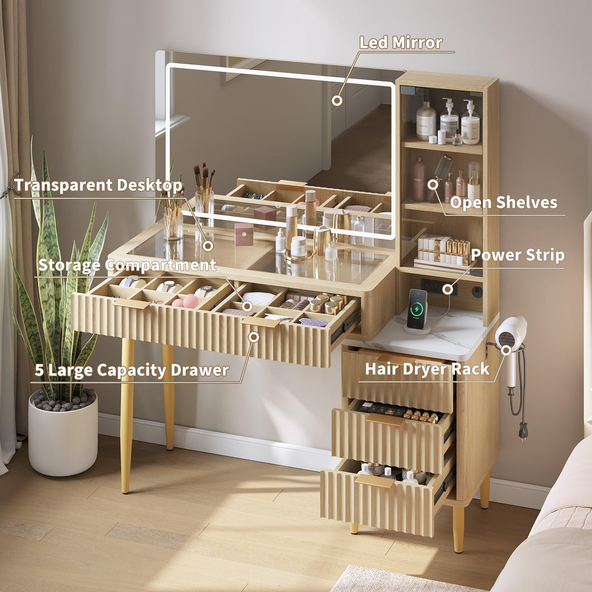 MilleLoom Makeup Vanity Desk with Lights, Fluted Wooden Dressing Table with 5 Drawers and Adjustable Shelves, Makeup Vanity Table Modern Glass Top with Charging Station for Bedroom (Oak)