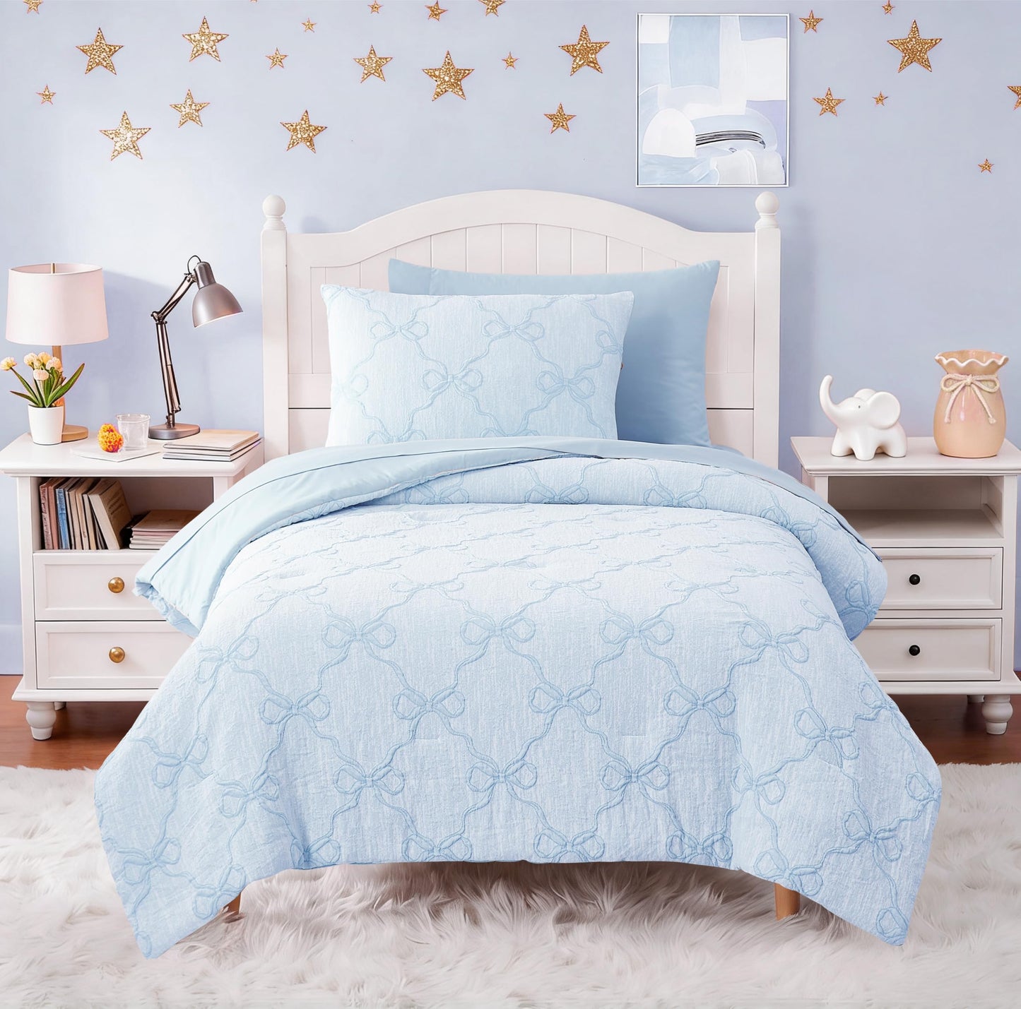 Wink Deer Twin Comforter Set with Sheets for Girls-5 Pieces Twin Bedding Sets with Light Blue Comforter, Sheets, Pillowcase & Sham for Kids (Light Blue Diamond, 66" X 86")