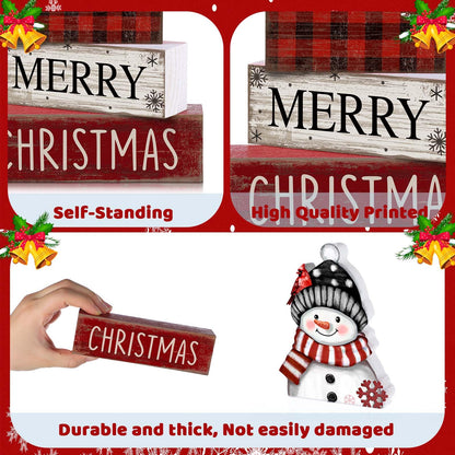 Lineshading 4 Pcs Christmas Table Decoration Wooden Snowman Christmas Tiered Tray Decor Red Buffalo Plaid Block Signs Snowman Table Centerpiece Farmhouse Winter Decoration for Home Kitchen Shelf