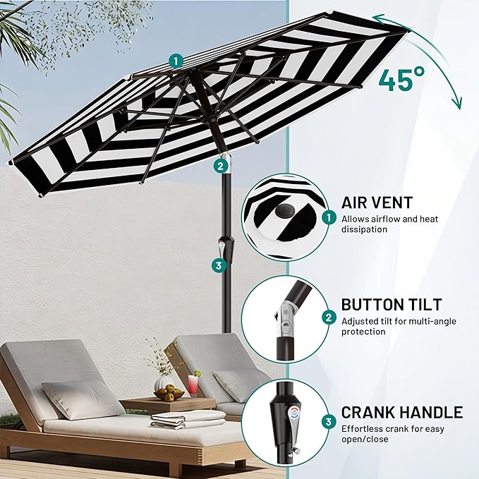 AreShark 9 FT Patio Umbrella for Outdoor, Outdoor Table Umbrella with Push Button Tilt and Crank, Outdoor Patio Umbrellas with 8 Sturdy Ribs for Market, Garden, Pool (Black & White Stripe)