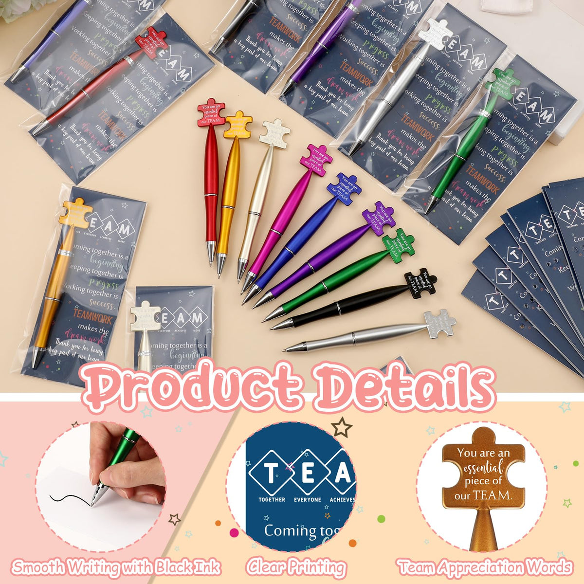 Sinload 30 Sets Team Appreciation Gifts Bulk Inspirational Puzzle Ballpoint Pens Motivational Cards Bookmark for Team Staff Office Coworker Employee Teamwork Gifts