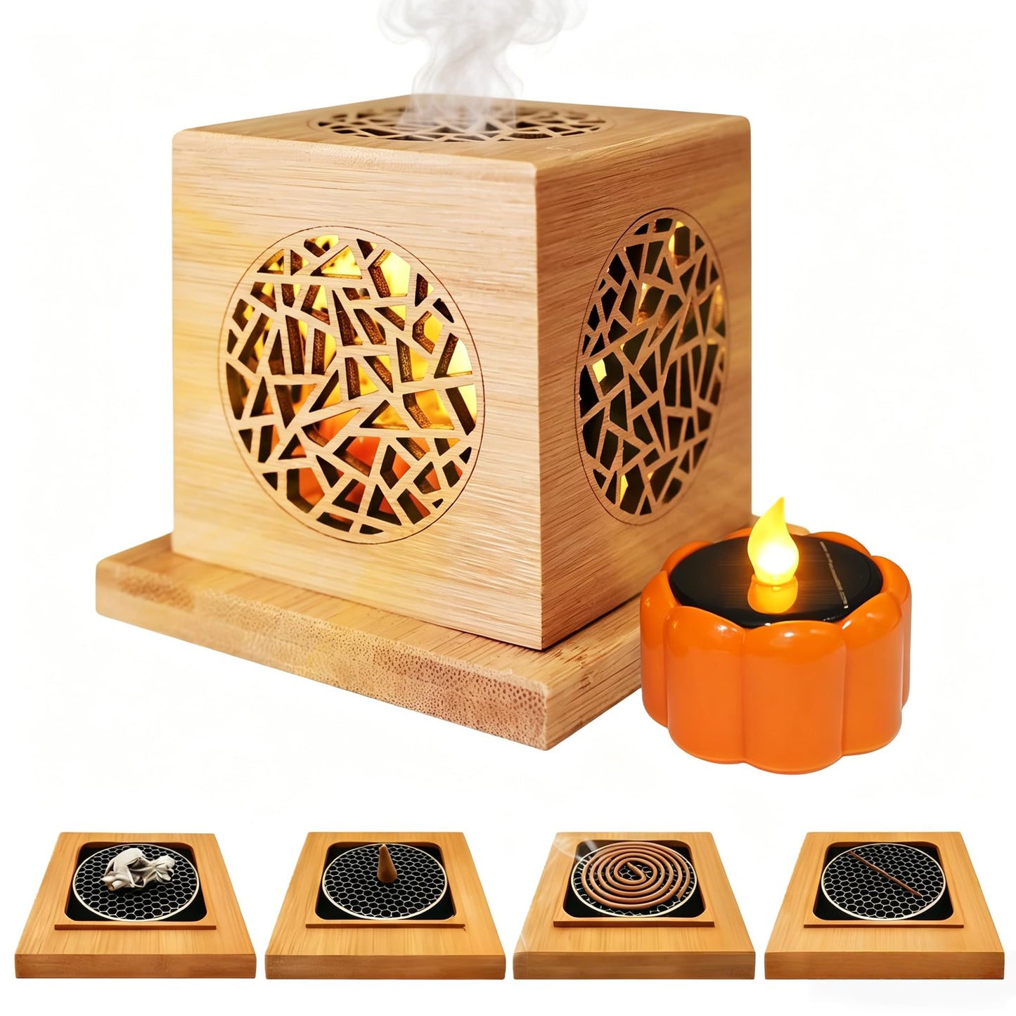 Sereniboo Bamboo Lantern Incense Holder 5-in-1 Incense Burner with Solar LED Candle Natural Bamboo Incense Box for Stick Cone Coil Sage Waterproof Outdoor Lantern for Yoga Meditation Home Decor