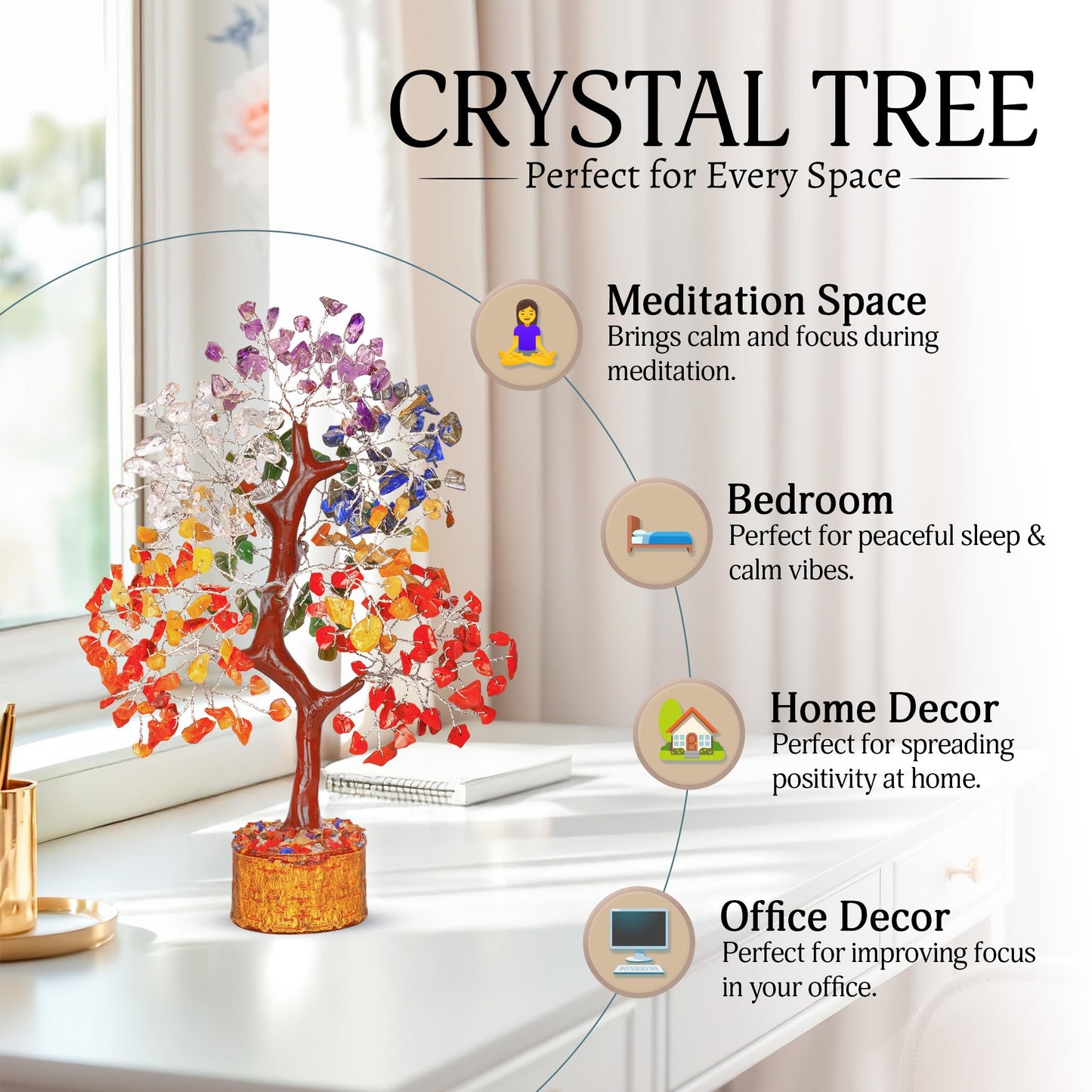Crystal Chakra Tree for Reiki Healing - Premium Meditation Decor - Seven Chakra Tree Wrapped On Silver Wires - Feng Shui Bonsai Money Tree of Life Decor Home Office Crystal Gifts
