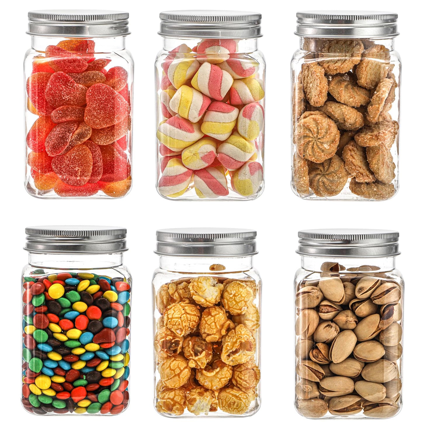 Bekith 16 Pack Clear Plastic Jars with Lids, 13oz Airtight Container for Food Storage, Refillable Square Empty Plastic Jars for Dry Food, Peanut Butter, Honey and Jam Storage