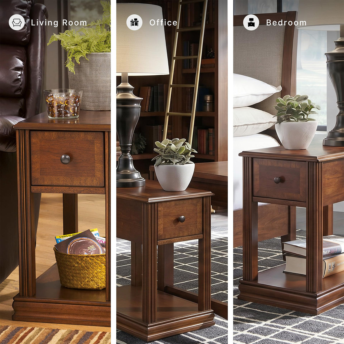 Signature Design by Ashley Breegin Chair Side End Table, 1 Drawer, 1 Fixed Shelf, Veneers, Wood, 13.13" W x 22.13" D x 23" H, Brown