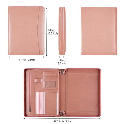 Padfolio for Women, Pink Leather Portfolio with Zipper, Vegan Leather Business Portfolio Organizer with A4 Writing Pad Holder for Resume, Interview, Meeting, Non-Custom