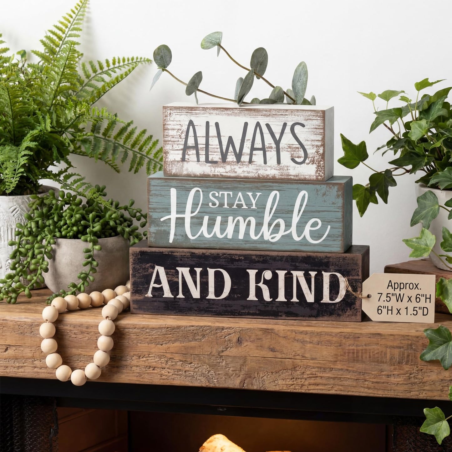 Lineshading 4 Pcs Inspirational Farmhouse Table Decor Always Stay Humble and Kind Stacked Wooden Block Signs with Inspirational Quote Eucalyptus Leaves for Home, Living Room, Shelf Housewarming Gift