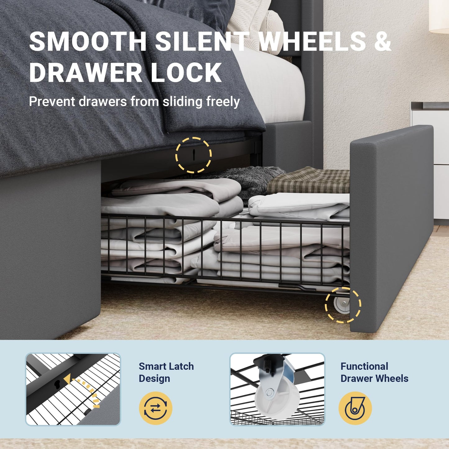 Allewie Full Size Velvet Bed Frame with 3 Storage Drawers, Upholstered Platform Bed with Wingback Storage Headboard and USB Ports, No Box Spring Needed, Easy Assembly, Grey
