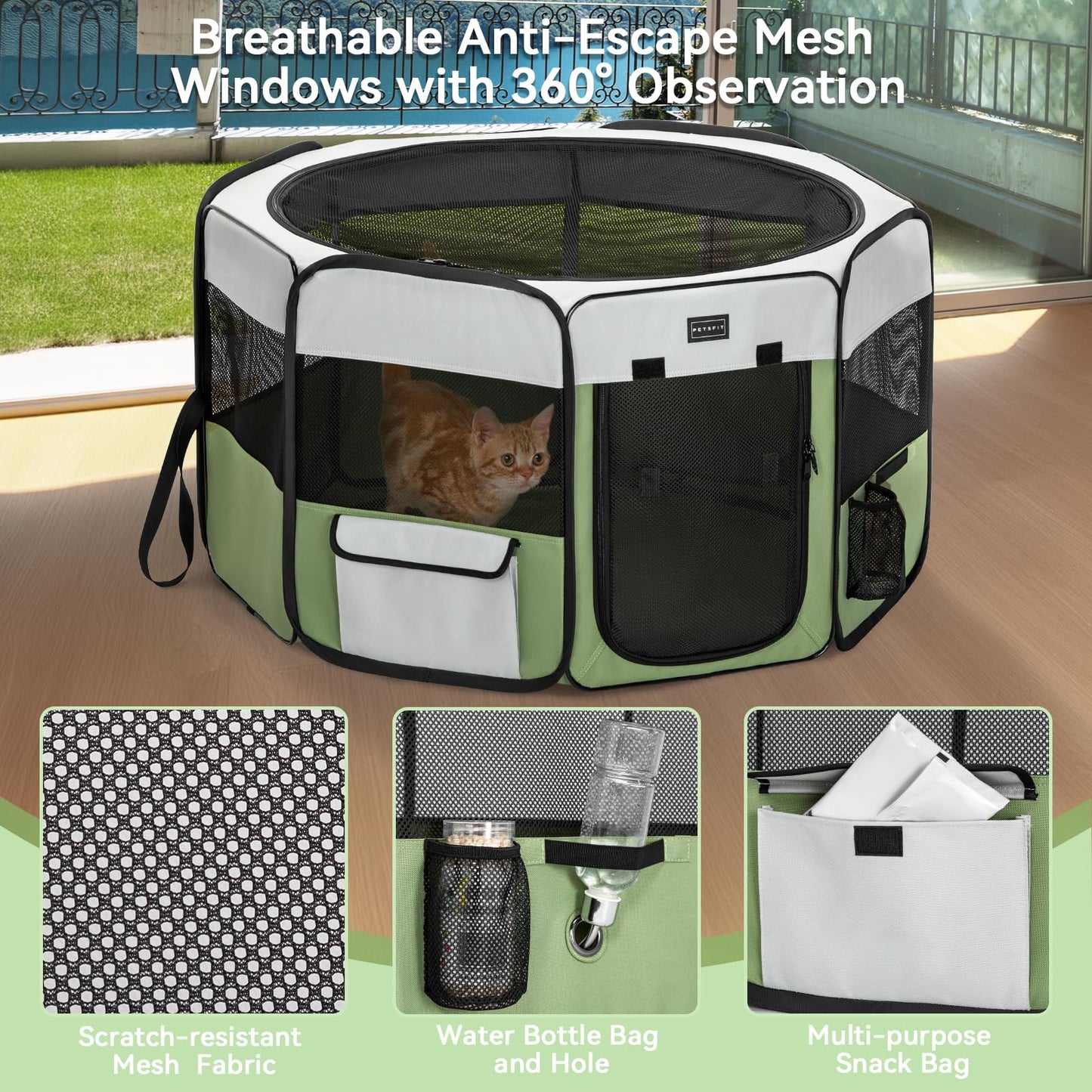 PETSFIT Cat Pen, Anti-Leakage Bottom, Foldable, Collapsible Puppy Playpen, Chewproof Design, Dog Playpen Indoor, 91 × 84 × 53 cm, Green