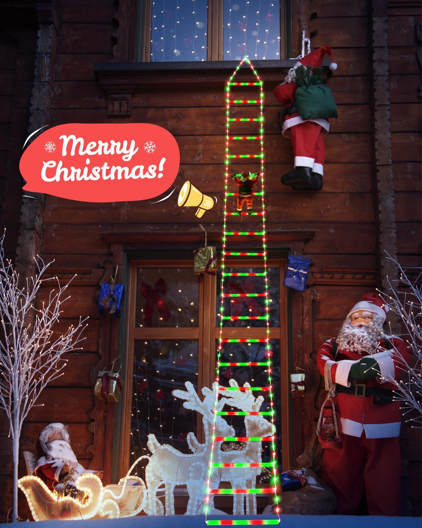 Toodour LED Christmas Lights - 10ft Christmas Decorative Ladder Lights with Santa Claus, Xmas Decorations Light for Indoor Outdoor, Window, Garden, Home, Wall, Xmas Tree Decor - Red & Green