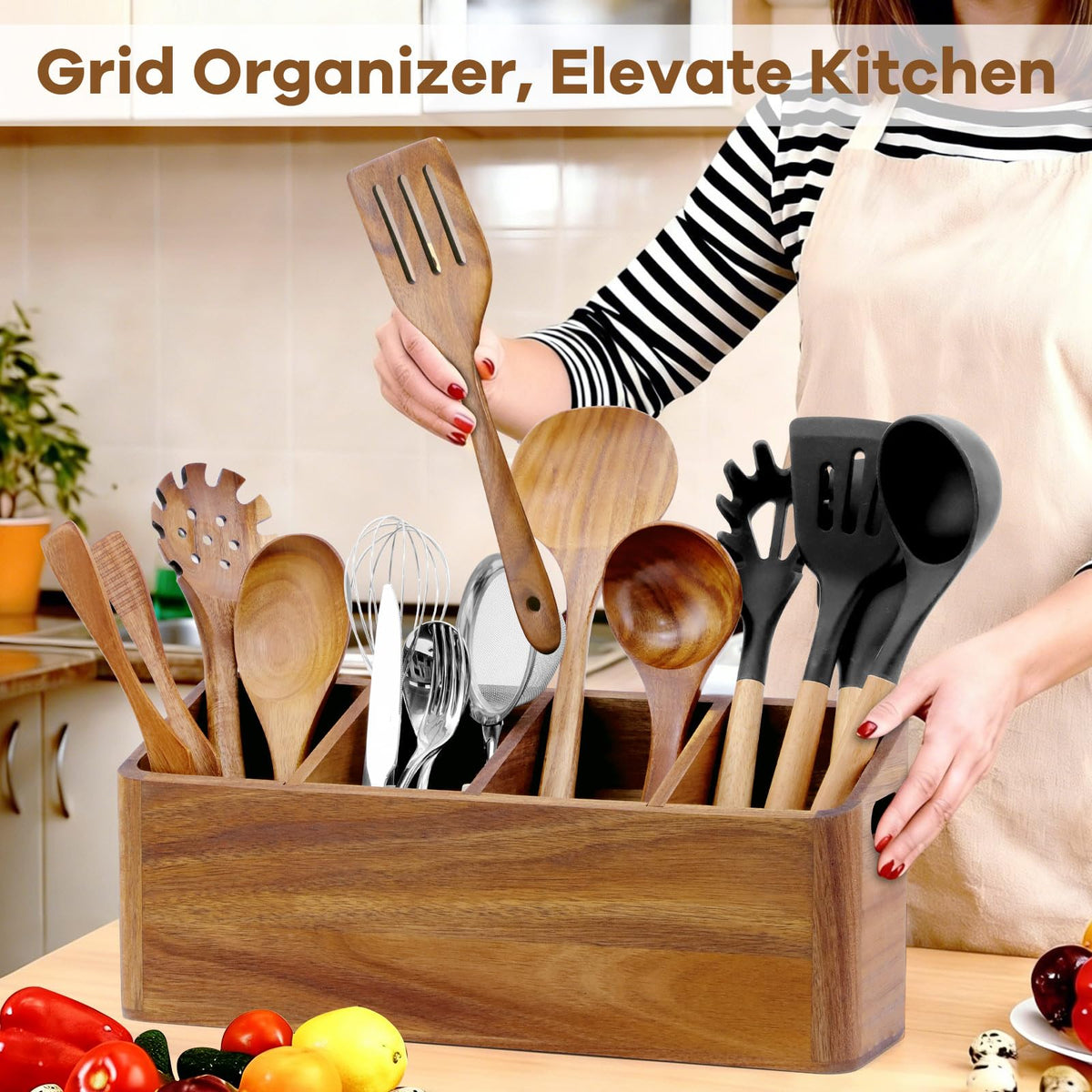 Wooden Kitchen Utensil Holder Countertop, Wooden Cooking Utensil Holder