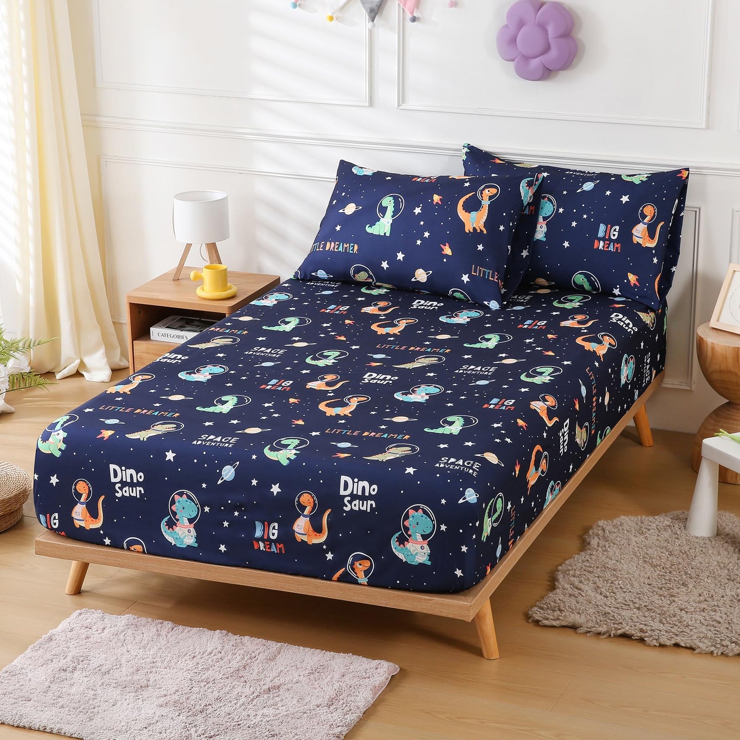 CIMVI Kids Full Size Bed Sheets Dinosaur Space Sheet Sets for Boys 15-Inch Deep Pocket Fitted Sheet Soft Breathable Microfiber Bedsheet with Pillowcase Children Room Decor