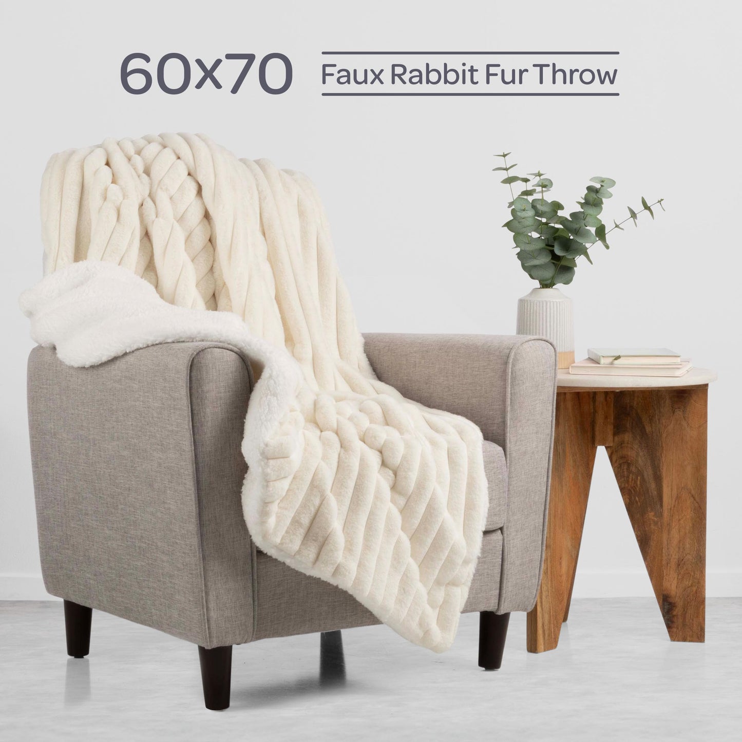 Lavish Home Faux Fur Throw Blanket - 60x70-Inch Twin Blanket for Couch, Bed, or Chair - Soft Throw with Plush Faux Rabbit Fur and Warm Sherpa for Living Room, Bedroom, and Home Decor (Ivory)