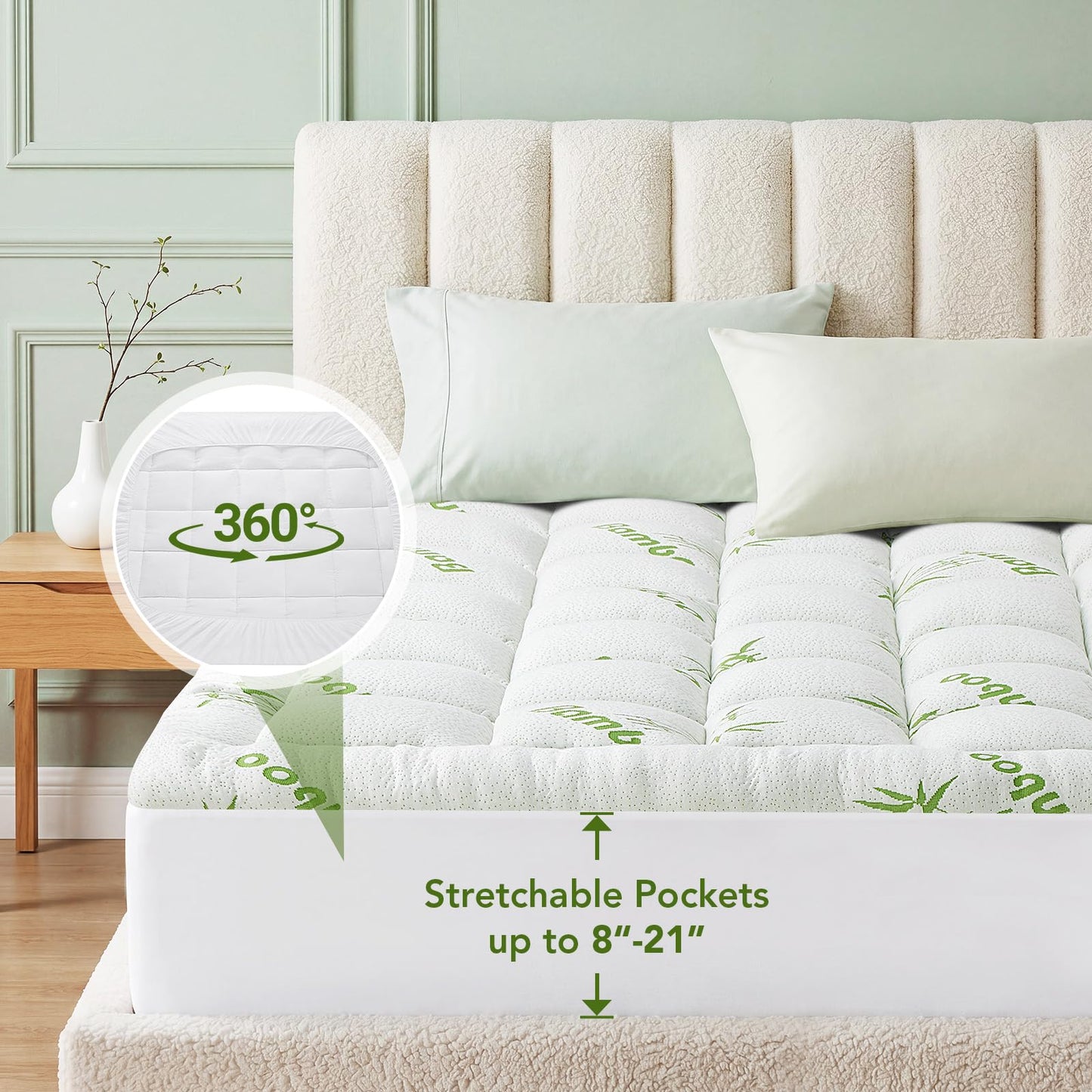 Twin XL Size Bamboo - Viscose Mattress Topper, Extra Thick Quilted Pillow Top, Naturally Cooling & Breathable for Hot Sleepers, Back Pain Relief, Deep Pocket Skirt Fits 6-18", Green