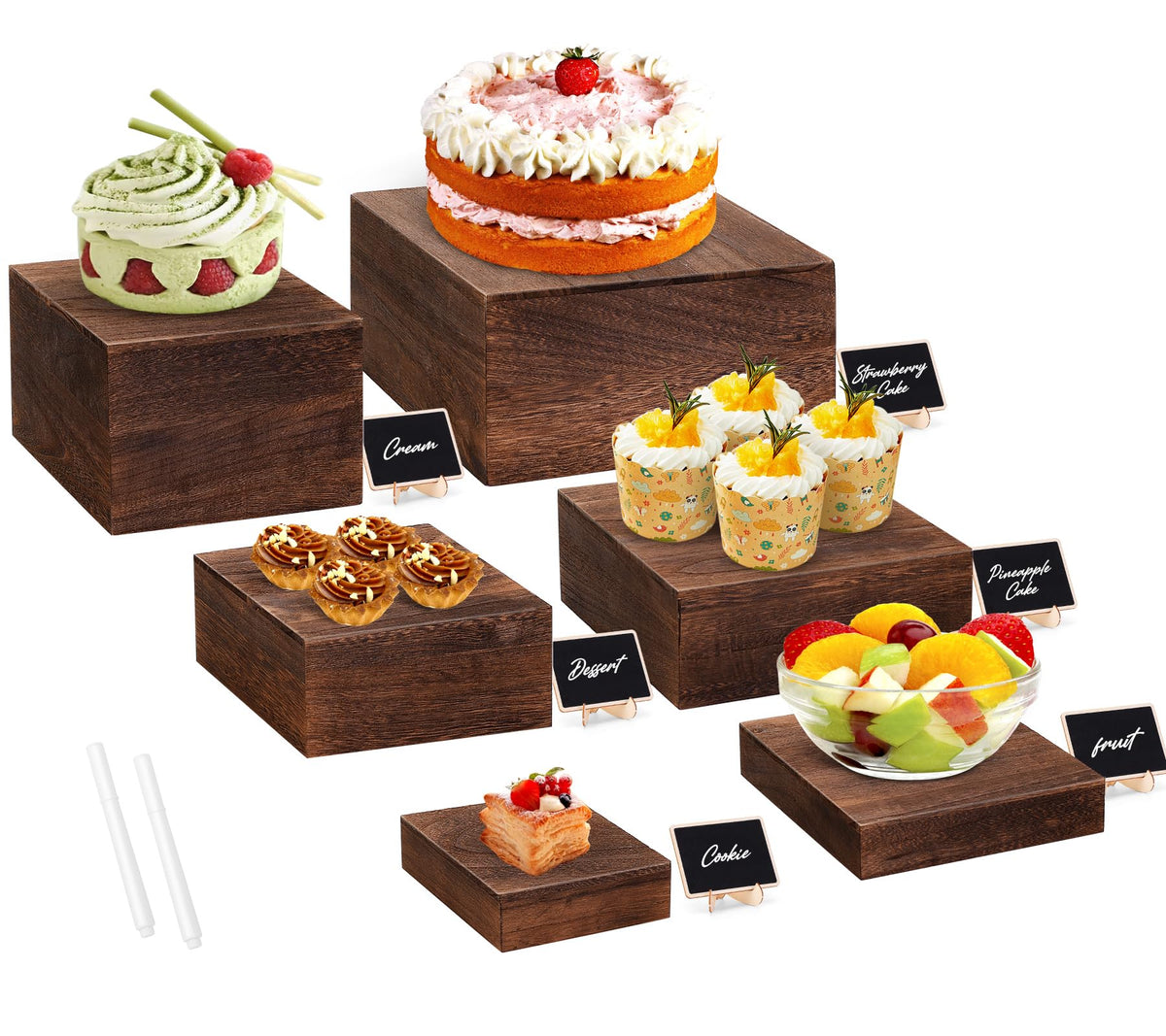 LEIFEOSH 6 Pack Wooden Risers Display Stands with Mini Signs Square Food Risers for Buffet Party Rustic Wood Cake & Cupcake Stands Nesting Box Wooden Crates for Display