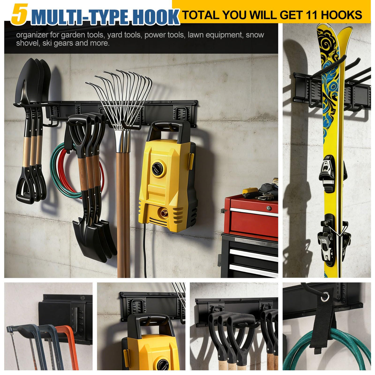 14Pack Garage Tool Organizer Wall Mount, 49.5'' Garage Wall Organizer with 11 Adjustable Hooks, 520lbs Heavy Duty Garage Storage, Garage Hanging Rack for Garden Yard Tools,Ladder,Shovel,Weed Eater