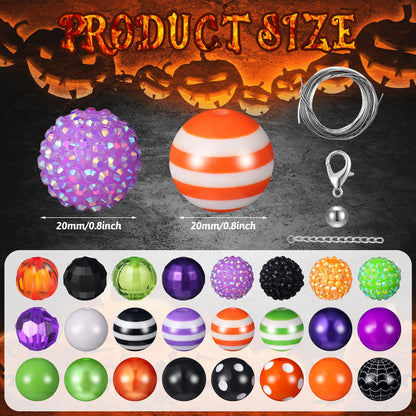 Sasylvia 100 Pcs 20 mm Halloween Rhinestone Bubblegum Bulk Shine Disco Ball Plastic Chunky Loose Round Spacer Beads for Pens Beadable Keychains DIY Project Making Supplies