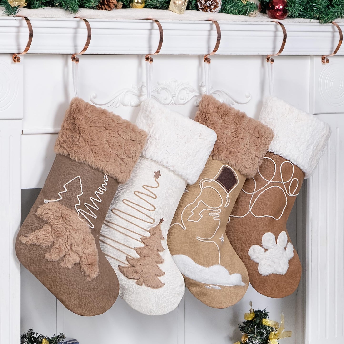 GEX Christmas Stockings 4 Pack for Family Soft Pleather with Rope Stitch Embroidery Large 20" Faux Fur Boho Rustic Farmhouse Country Stockings for Xmas Fireplace Decoration (Set of 4)
