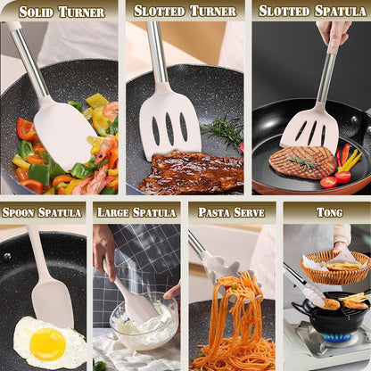 Umite Chef Silicone Kitchen Cooking Utensil Set, 43 pcs Spatula Set with Stainless Steel Handle, Non-stick Heat Resistant - Best Cookware Set-(Khaki)