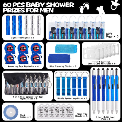 Wishfond 60PCS Baby Shower Prizes for Men 6 Set with Cleaning Cloth Bottle Opener Screwdriver Tape Measuring Keychain Multi Tool Pen Gift Bag Baby Shower Game Prizes for Winner Bachelor Party (Blue)