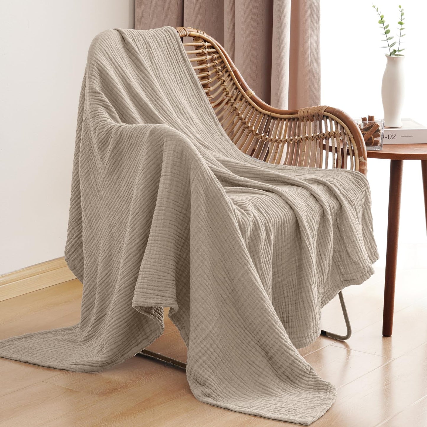 PHF 100% Cotton Muslin Throw Blanket 50" x 60", 4-Layer Lightweight Gauze Throw, Breathable Cloud-Soft Minimalist Blanket for Bed, Couch, Camping, Taupe, Ideal Gift