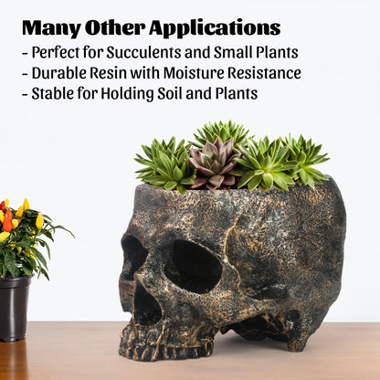 GameXcel Halloween Skull Candy Dish - Large Skull Candy Bowl for Trick or Treat - Skeleton Head Treat Container Planter or Desktop Halloween Decor - Bronze Resin