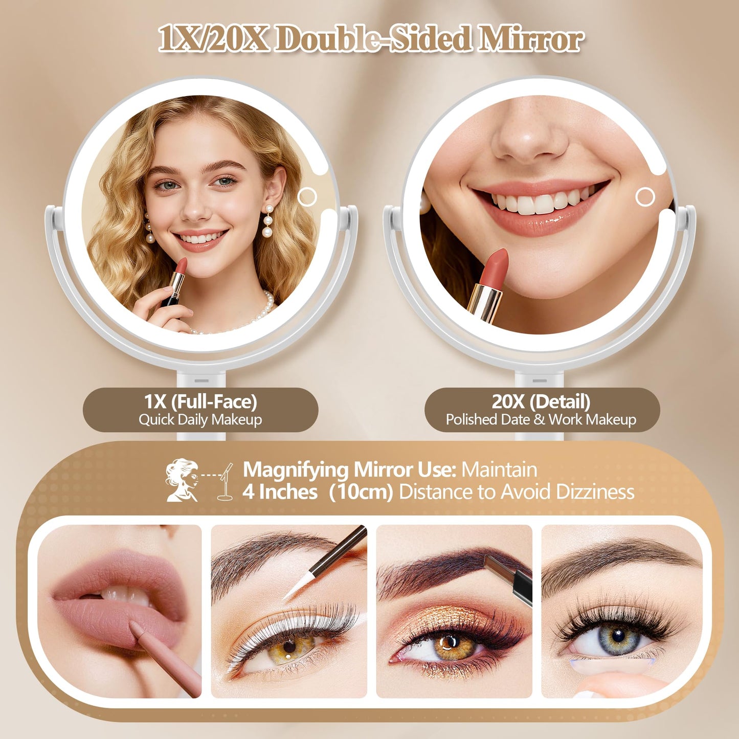 MOMOKUBA Makeup Mirror with Lights, Double Sided 1x/20x Magnifying Mirror with Light, Rechargeable 3 Color Lights and Adjustable Brightness, 360° Rotation Detachable Comes with Tweezer(White)