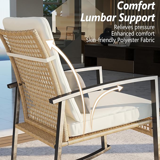 3 Piece Patio Rocking Chairs Set of 2, Outdoor Rocking Chair Bistro Set with Tempered Glass Coffee Table and Thick Lumbar Pillow Set, Front Porch Chairs for Garden, Backyard (Basic)