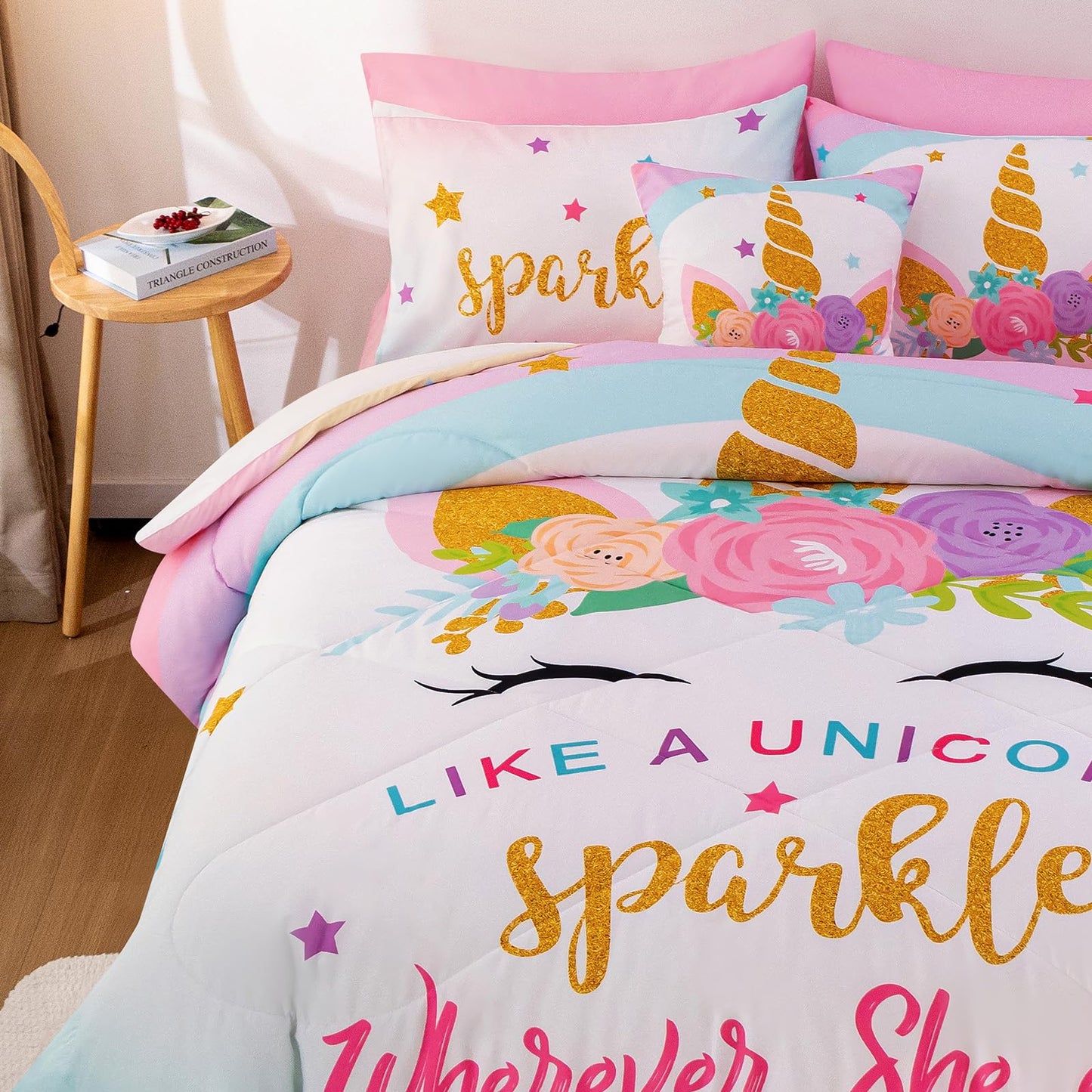 Keyroal 8Pcs Full Comforter Set with Sheet,Unicorn Flower Bedding Set for Kids,Pink Rainbow Bed in a Bag Bedding for Girls-Sparkle Unicorn