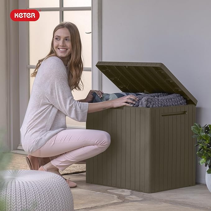 Keter City 30 Gallon Resin Outdoor Storage Box & Patio Side Table for Balcony, Pool, Deck & Garden Accessories, Weather‑Resistant, Mossy Brown