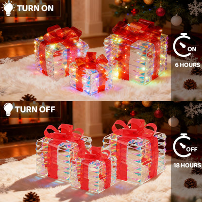 LAWOHO Christmas Lighted Gift Boxes Set of 3 Iridescent Present Boxes with Bow-Knot Battery &USB Powered Light up Box Decorations for Christmas Home Indoor Outdoor Holiday Decoration