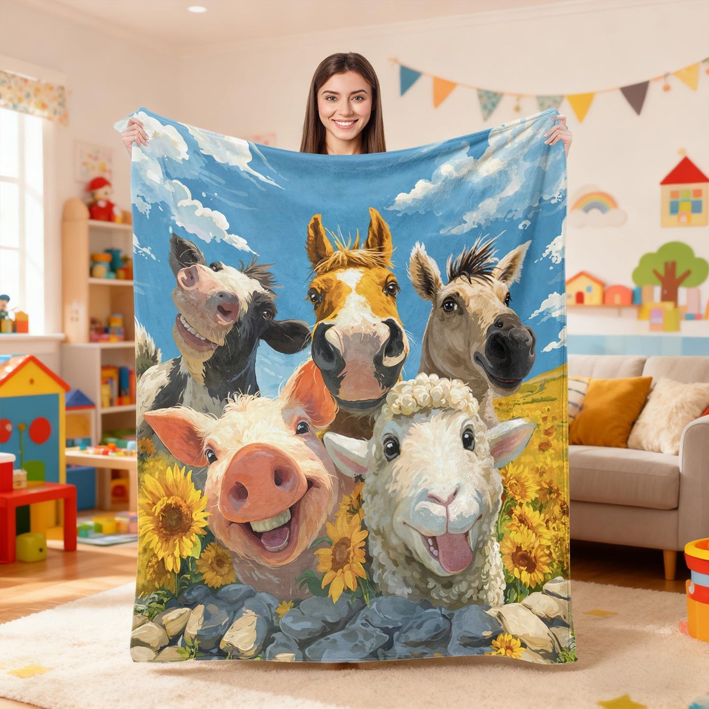 kampdream Funny Animal and Sunflower Flannel Blanket Throw, Super Soft Cozy Nap Blanket with Cute Cartoon Animal for Sofa Travel and Camping, for All Seasons 50"x60" inch Cow Sheep Horse
