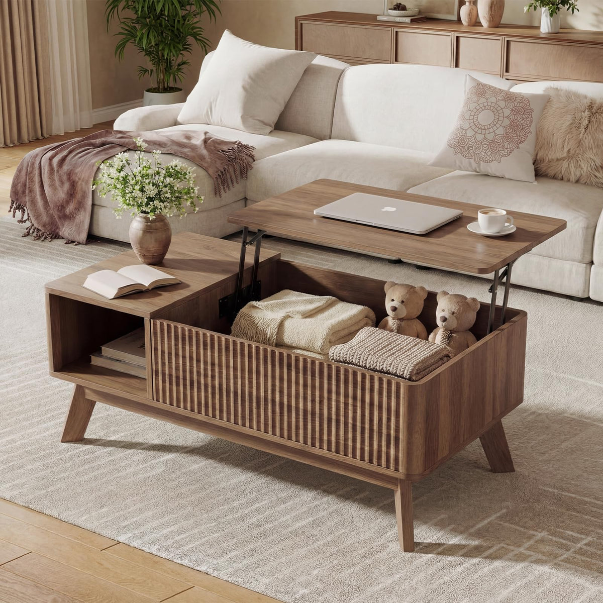 TROJM Wood Lift Top Coffee Table with Hidden Compartment and Large Storage Shelf, Lift Tabletop Dining Center Table for Home Living Room Office,Walnut